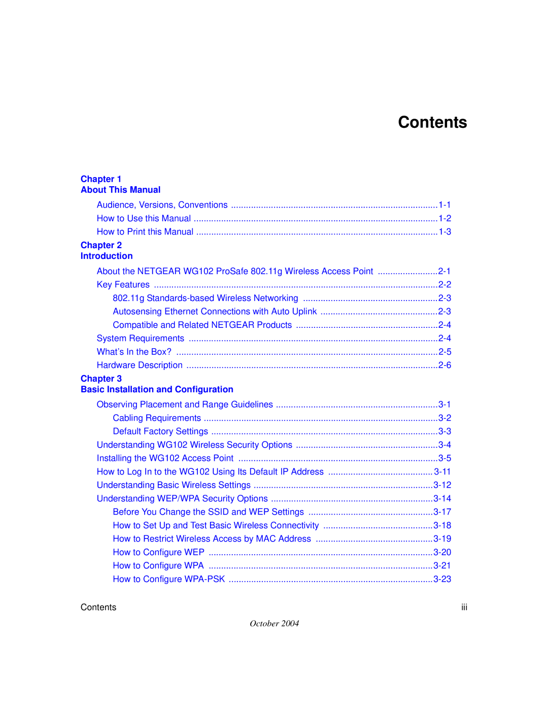 NETGEAR WG102 manual Contents 