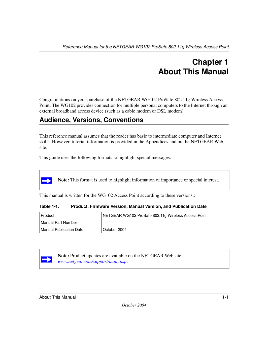 NETGEAR WG102 manual Chapter About This Manual, Audience, Versions, Conventions 