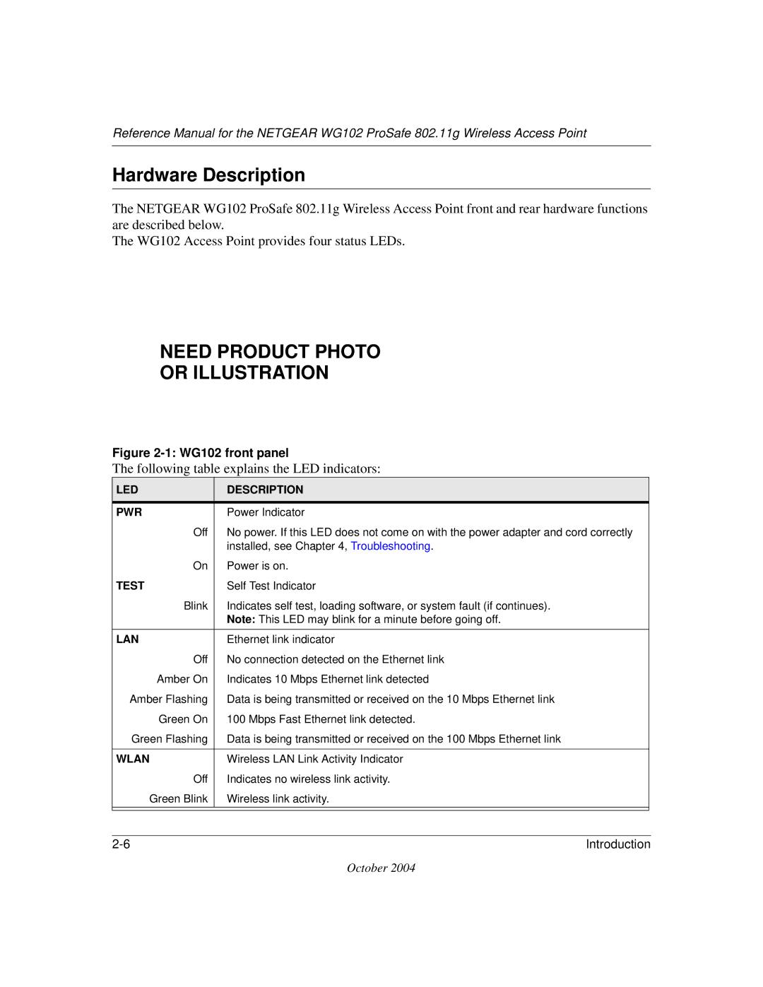 NETGEAR WG102 manual Hardware Description, Need Product Photo Or Illustration 