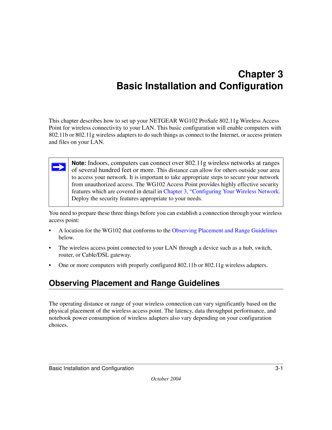 NETGEAR WG102 manual Chapter Basic Installation and Configuration, Observing Placement and Range Guidelines 