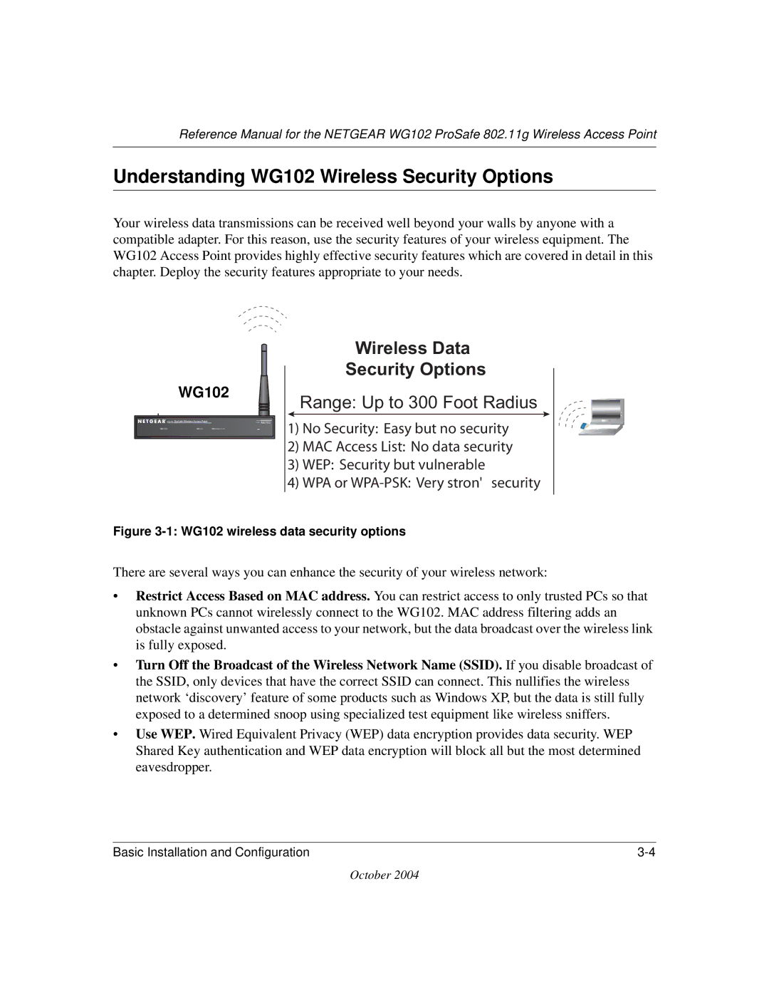 NETGEAR manual Understanding WG102 Wireless Security Options, LUHOHVVDWD 6HFXULW\2SWLRQV 