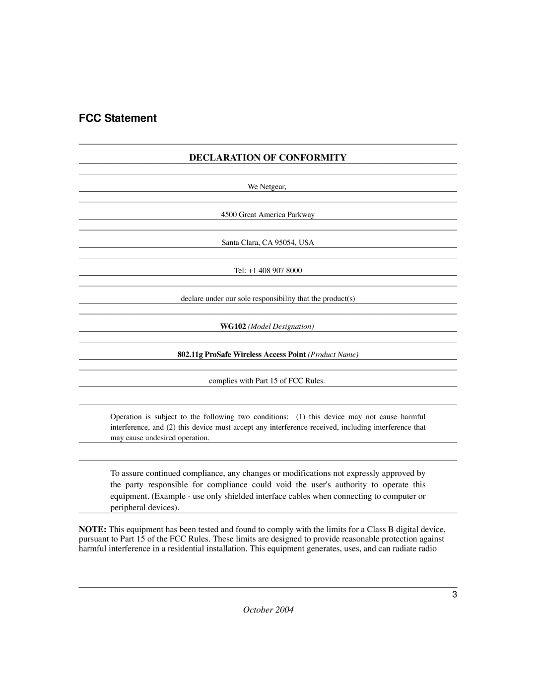 NETGEAR WG102 manual FCC Statement 