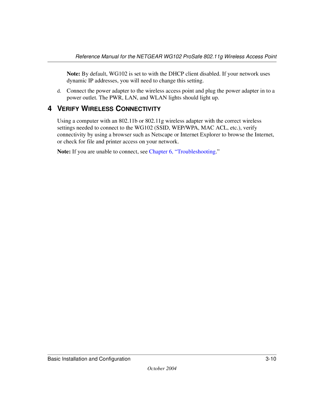 NETGEAR WG102 manual Verify Wireless Connectivity 