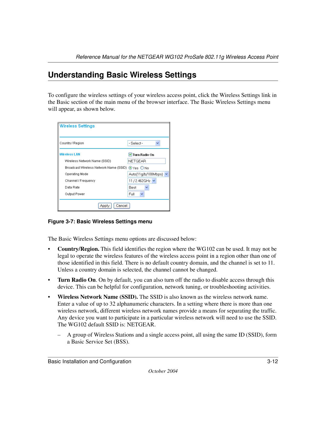 NETGEAR WG102 manual Understanding Basic Wireless Settings, Basic Wireless Settings menu 