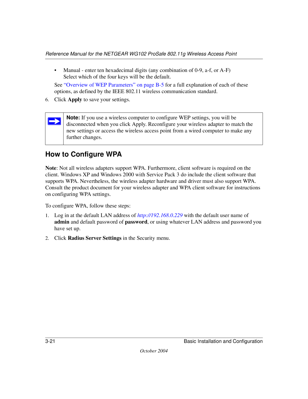 NETGEAR WG102 manual How to Configure WPA 