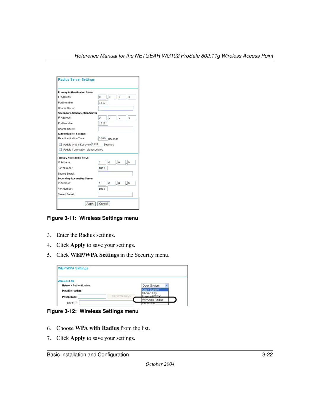 NETGEAR WG102 manual Wireless Settings menu 