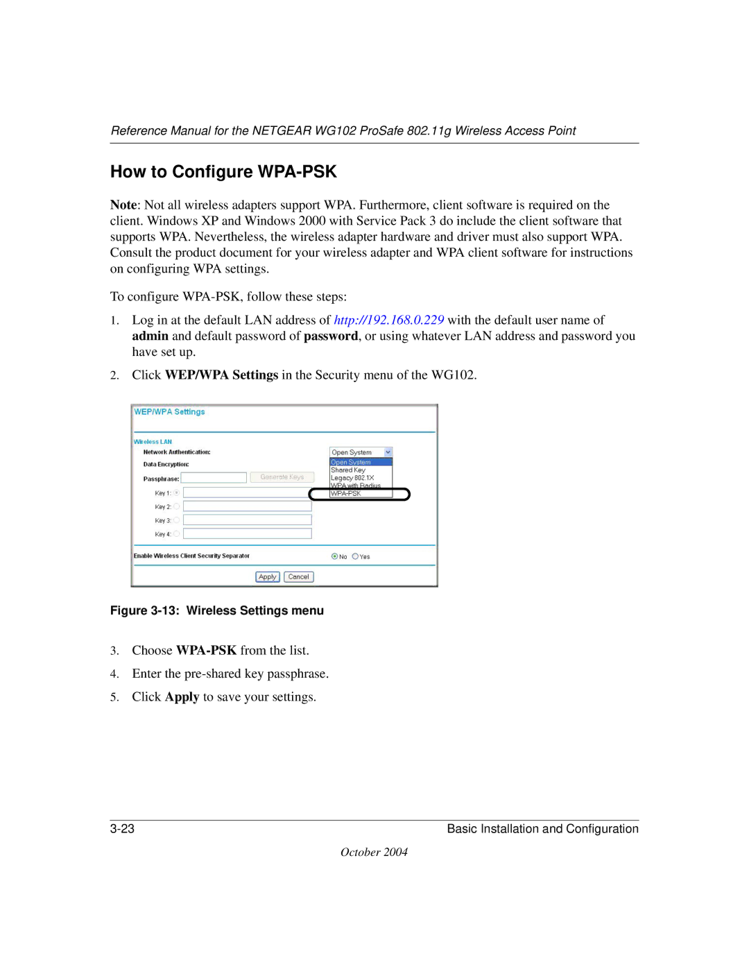 NETGEAR WG102 manual How to Configure WPA-PSK, Wireless Settings menu 