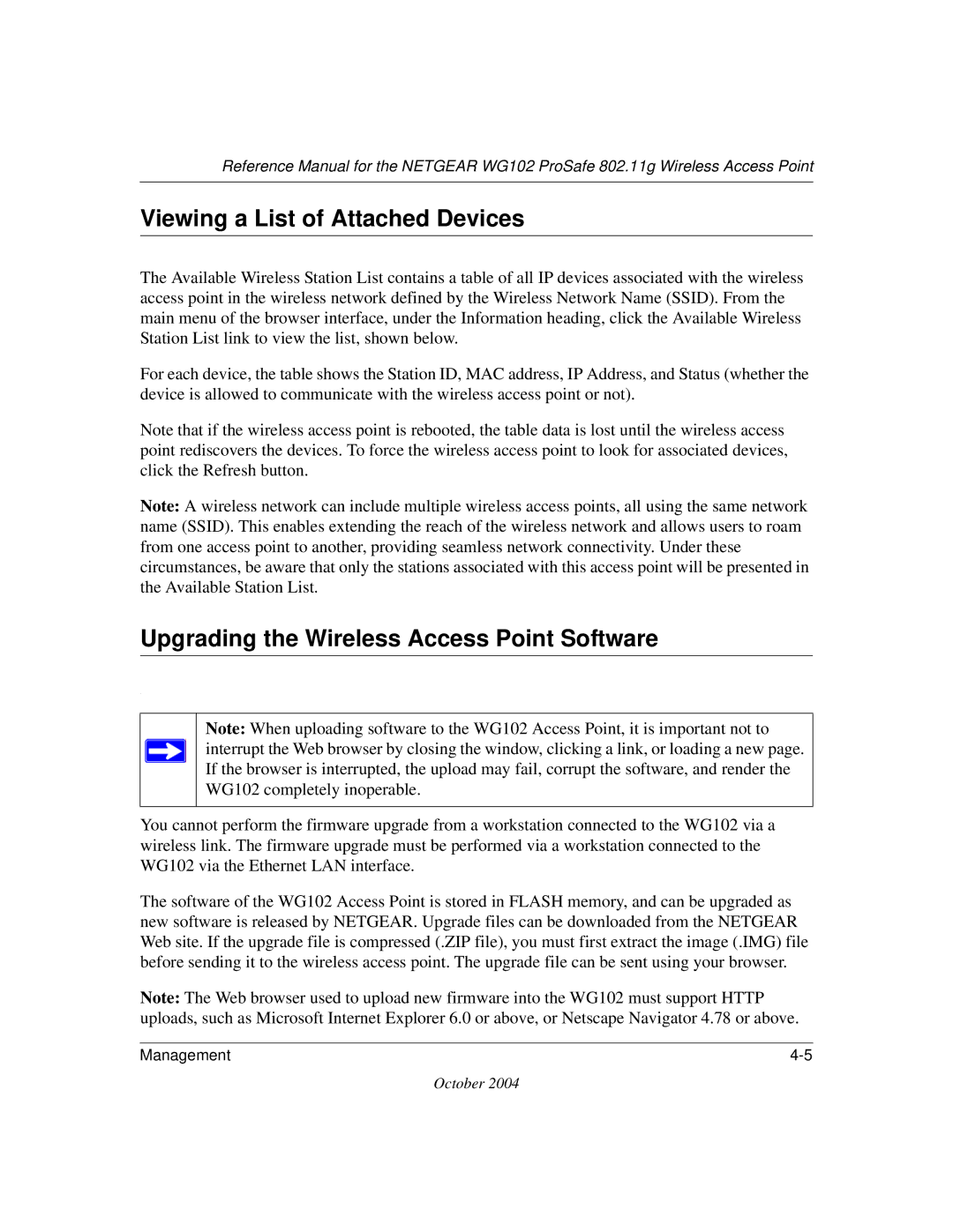 NETGEAR WG102 manual Viewing a List of Attached Devices, Upgrading the Wireless Access Point Software 