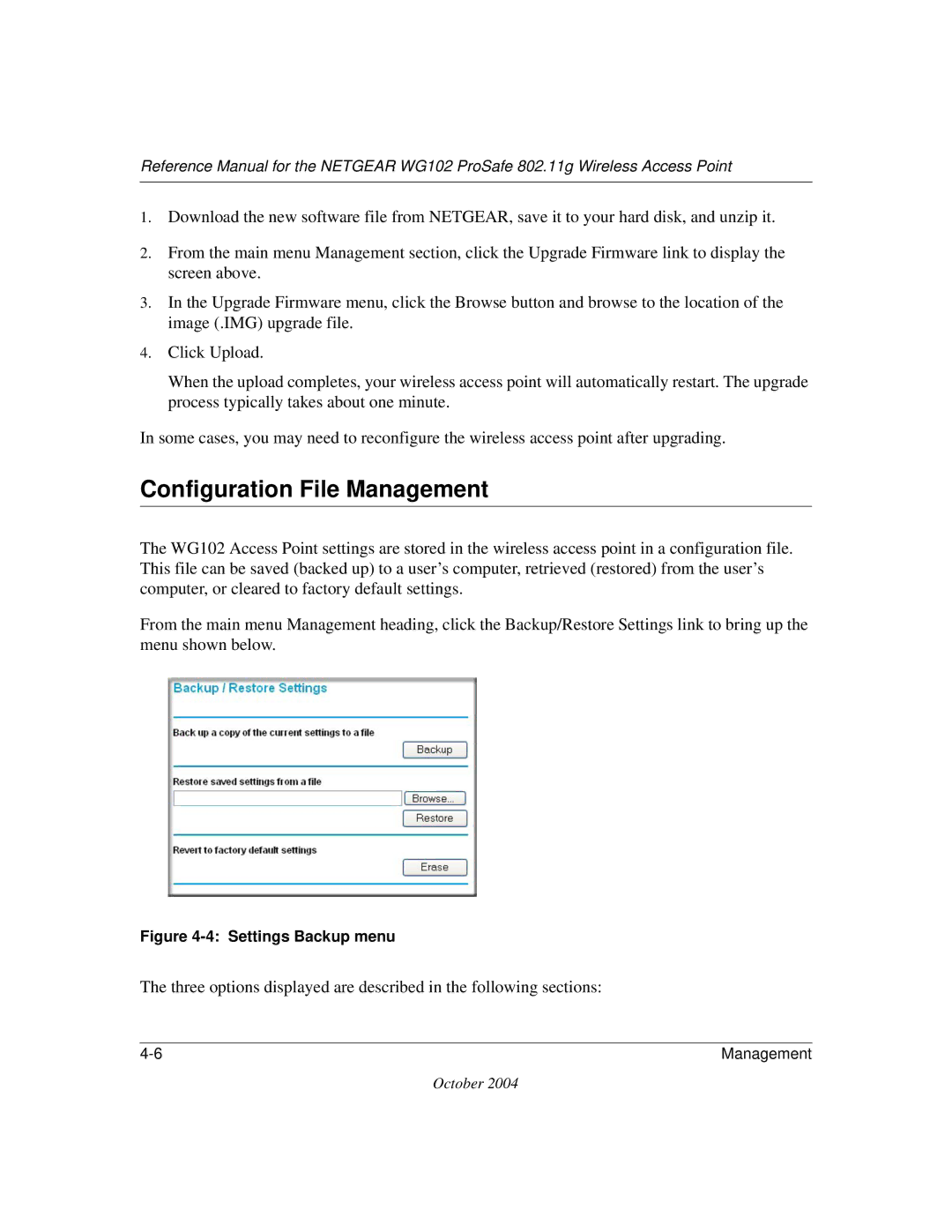 NETGEAR WG102 manual Configuration File Management, Settings Backup menu 