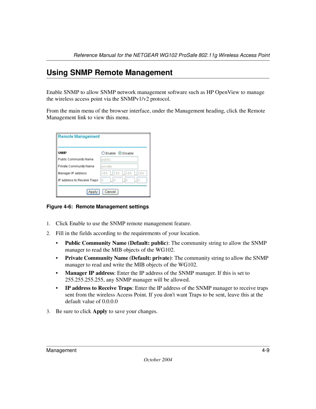 NETGEAR WG102 manual Using Snmp Remote Management, Remote Management settings 