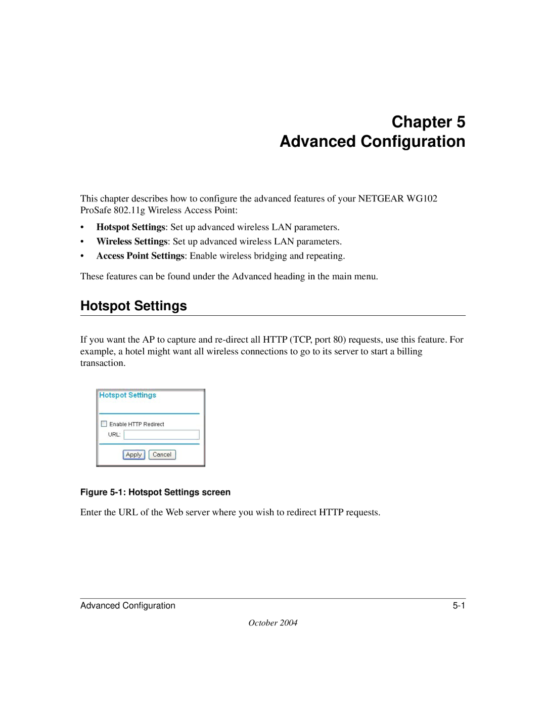 NETGEAR WG102 manual Chapter Advanced Configuration, Hotspot Settings 