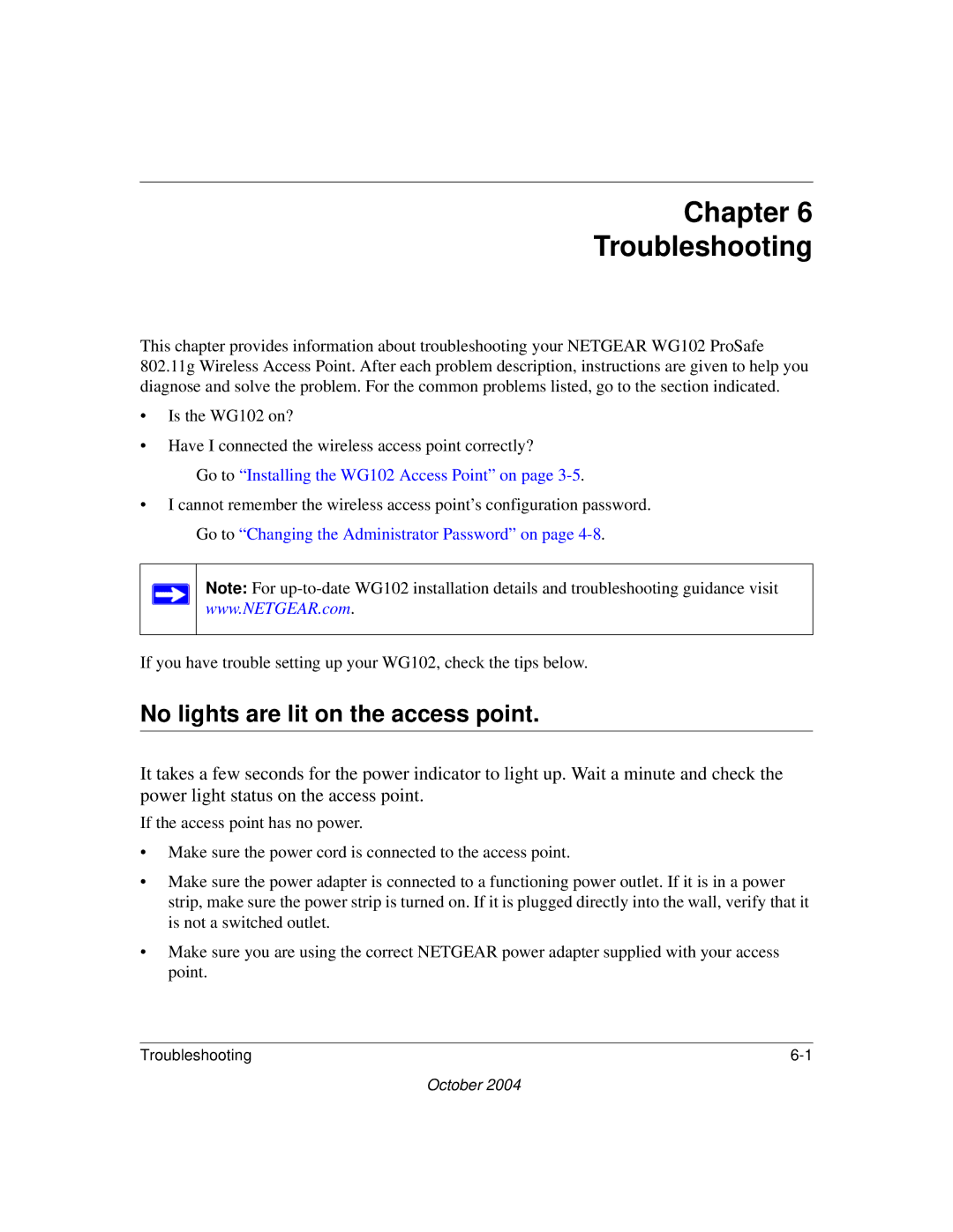 NETGEAR WG102 manual Chapter Troubleshooting, No lights are lit on the access point 