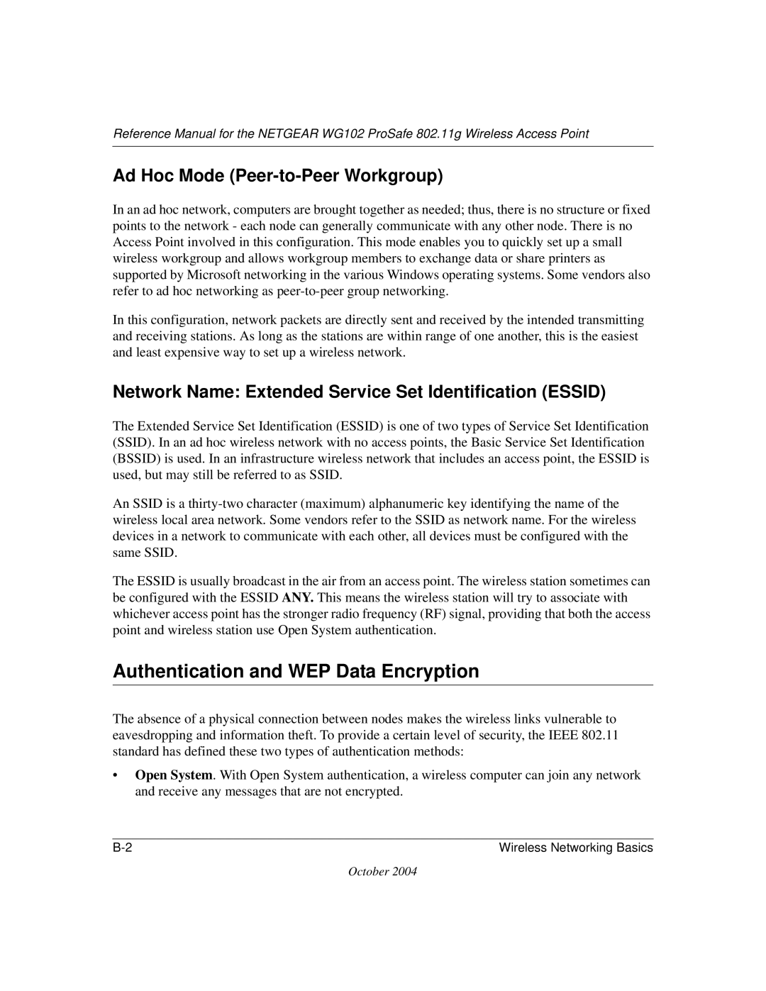 NETGEAR WG102 manual Authentication and WEP Data Encryption, Ad Hoc Mode Peer-to-Peer Workgroup 