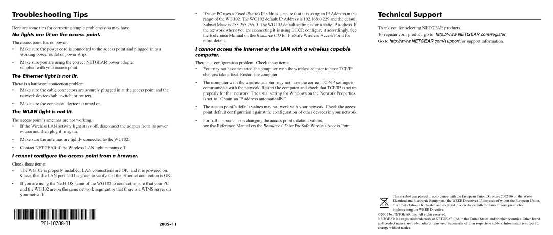 NETGEAR WG102 manual Troubleshooting Tips, Technical Support 