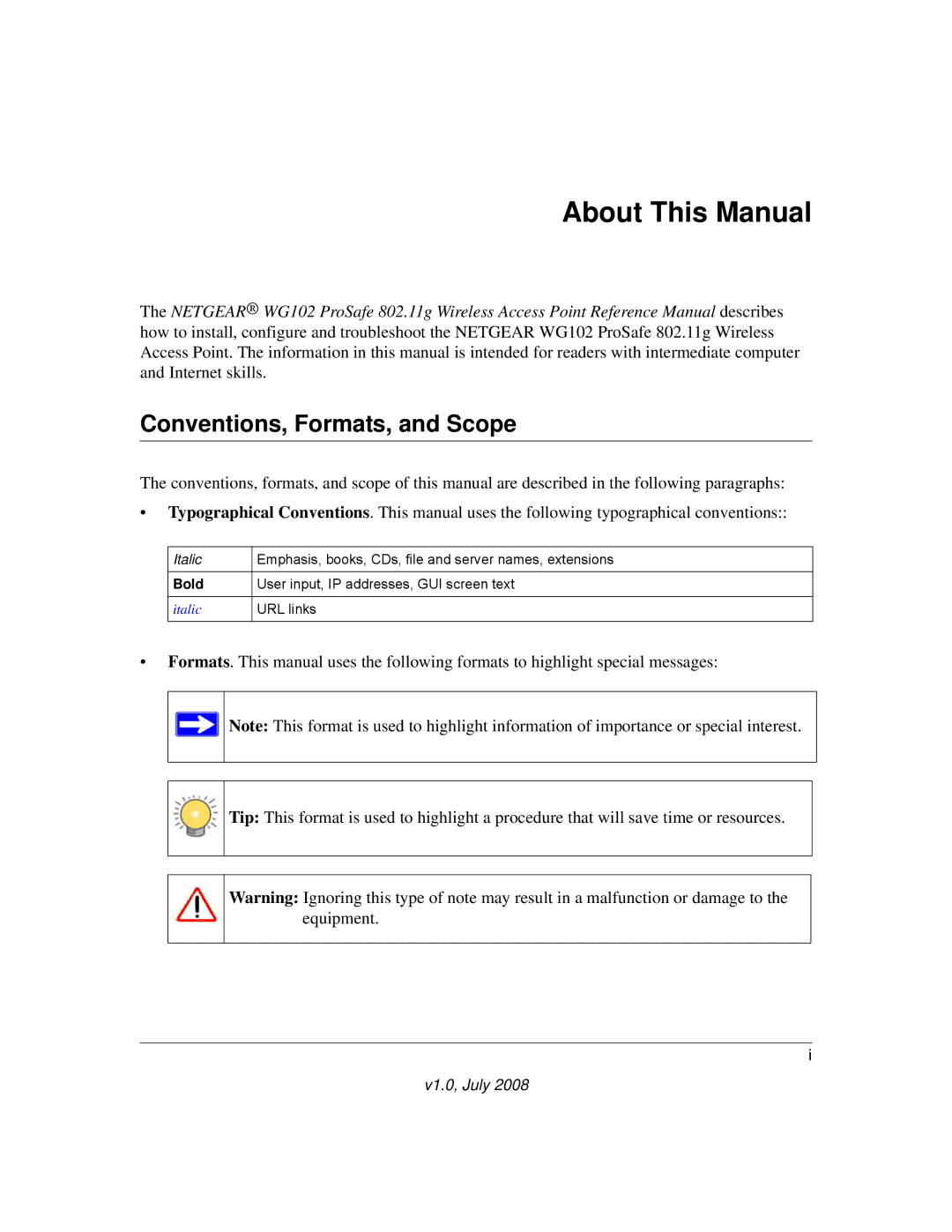 NETGEAR WG102NA manual About This Manual, Conventions, Formats, and Scope 