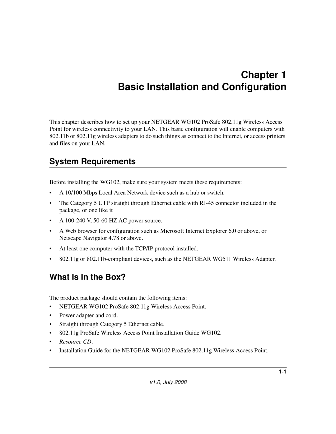 NETGEAR WG102NA manual Chapter Basic Installation and Configuration, System Requirements, What Is In the Box? 