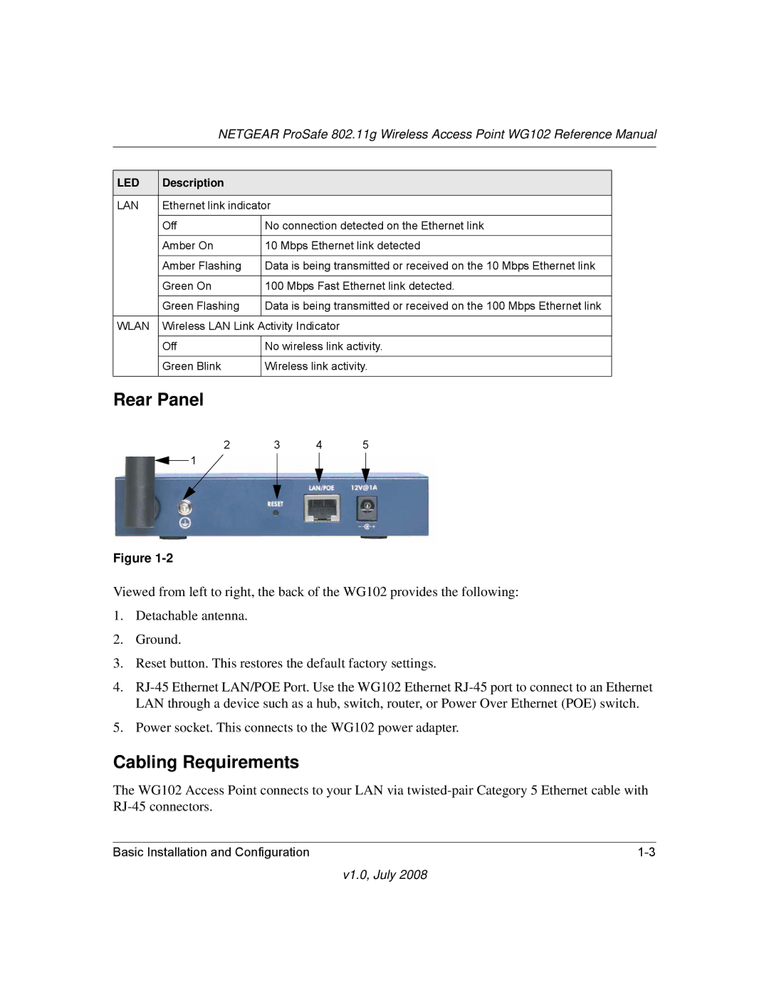 NETGEAR WG102NA manual Rear Panel, Cabling Requirements 