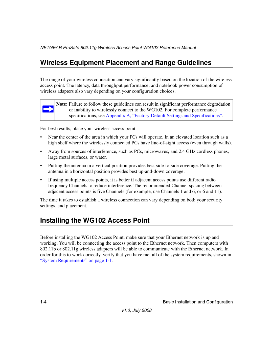 NETGEAR WG102NA manual Wireless Equipment Placement and Range Guidelines, Installing the WG102 Access Point 