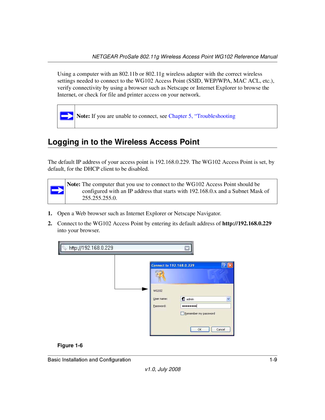NETGEAR WG102NA manual Logging in to the Wireless Access Point 