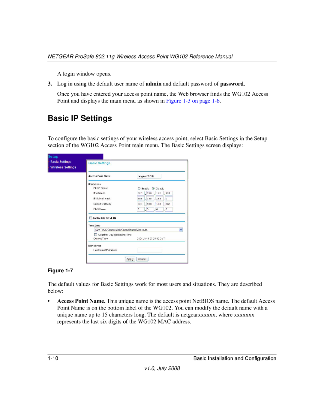 NETGEAR WG102NA manual Basic IP Settings 