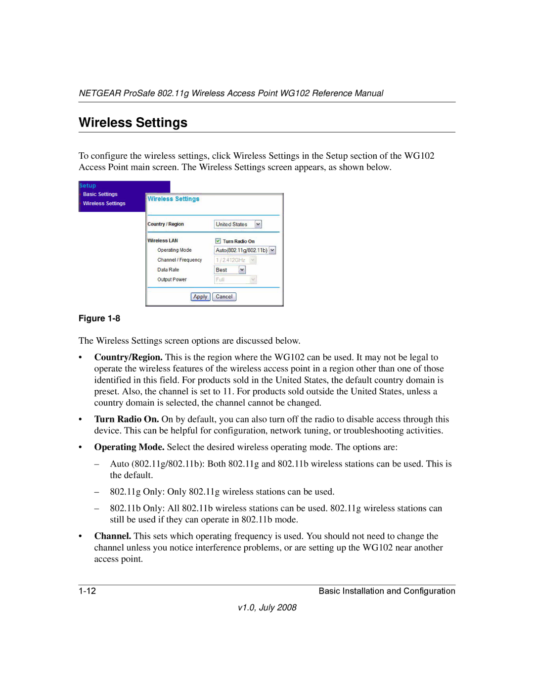 NETGEAR WG102NA manual Wireless Settings 