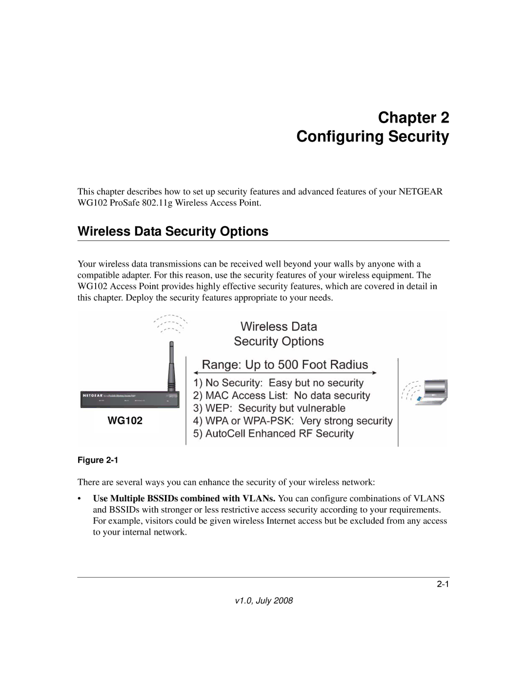 NETGEAR WG102NA manual Chapter Configuring Security, Wireless Data Security Options 