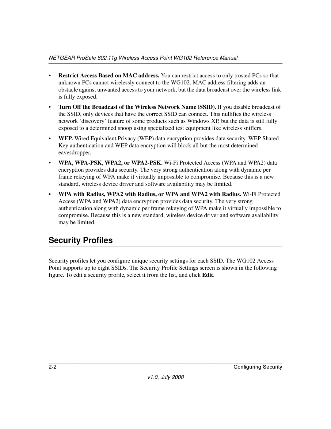 NETGEAR WG102NA manual Security Profiles 