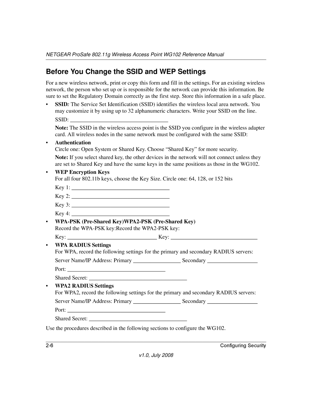 NETGEAR WG102NA manual Before You Change the Ssid and WEP Settings, WPA Radius Settings 