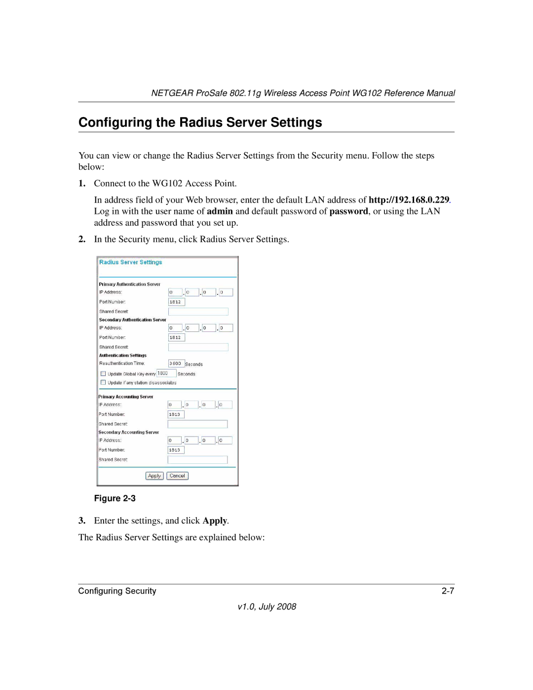 NETGEAR WG102NA manual Configuring the Radius Server Settings 