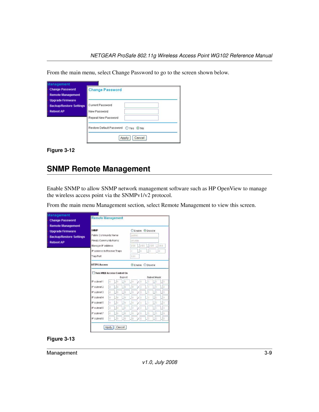 NETGEAR WG102NA manual Snmp Remote Management 