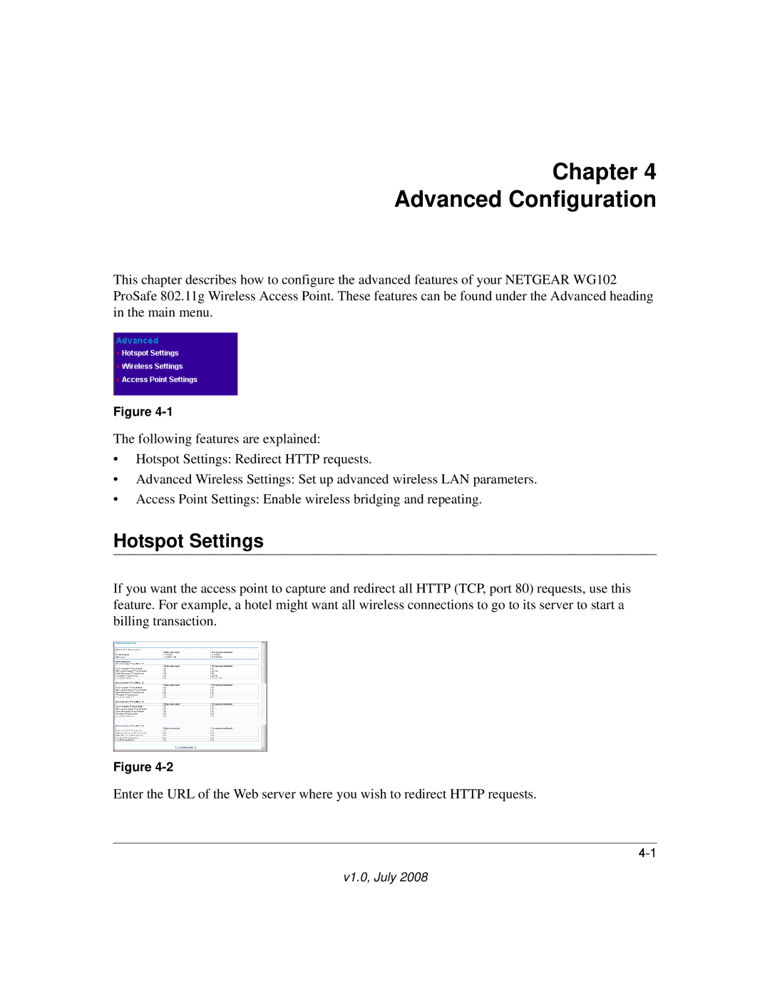 NETGEAR WG102NA manual Chapter Advanced Configuration, Hotspot Settings 