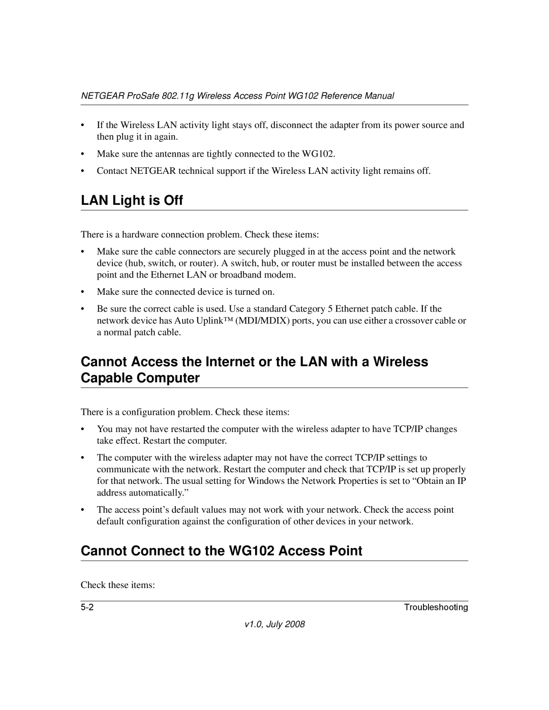 NETGEAR WG102NA manual LAN Light is Off, Cannot Connect to the WG102 Access Point 