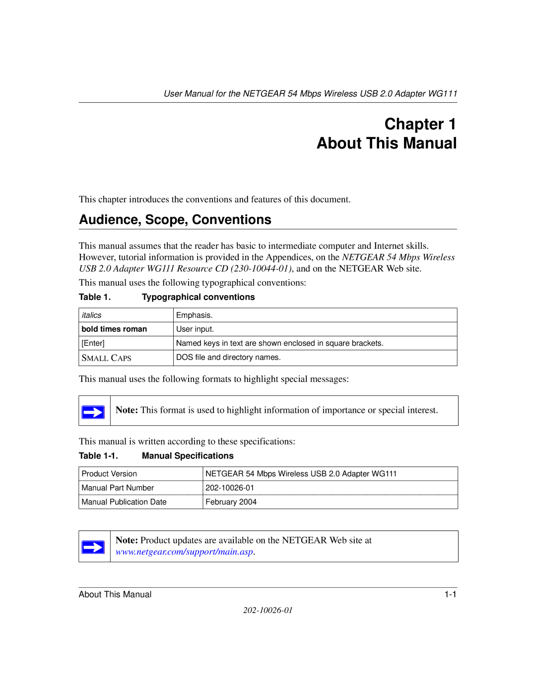 NETGEAR WG111 Chapter About This Manual, Audience, Scope, Conventions, Typographical conventions, Manual Specifications 