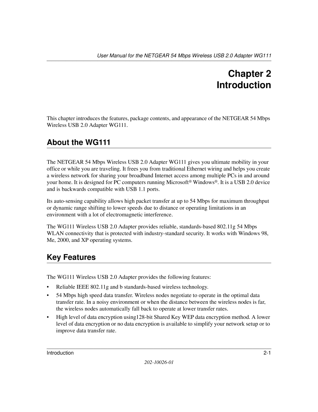 NETGEAR user manual Chapter Introduction, About the WG111, Key Features 