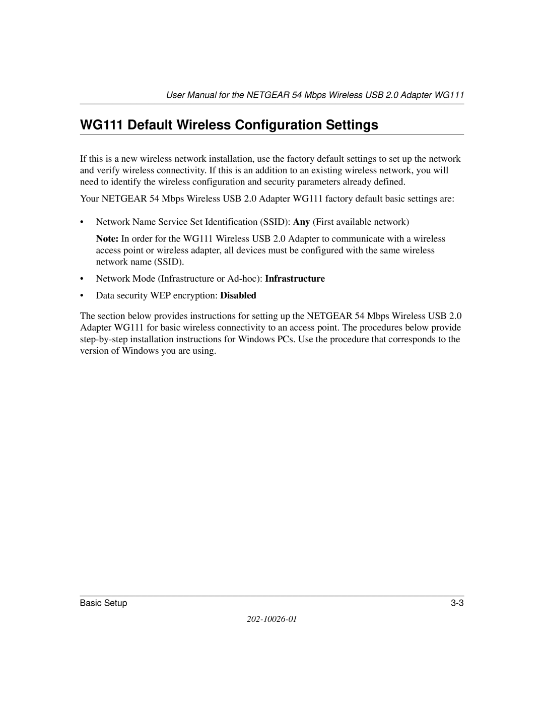 NETGEAR user manual WG111 Default Wireless Configuration Settings 