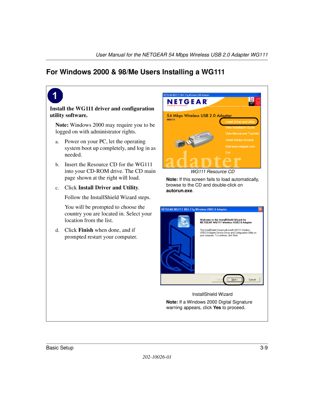 NETGEAR user manual For Windows 2000 & 98/Me Users Installing a WG111, Click Install Driver and Utility 