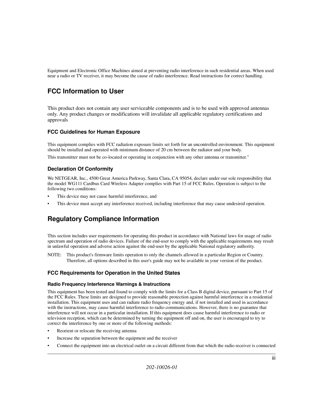 NETGEAR WG111 user manual FCC Guidelines for Human Exposure, Declaration Of Conformity 