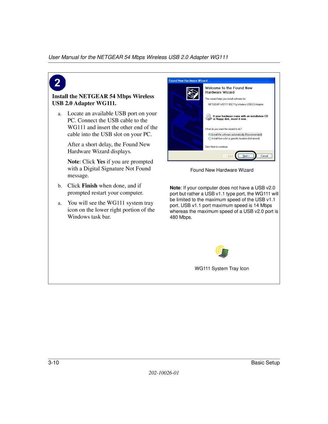 NETGEAR user manual Found New Hardware Wizard WG111 System Tray Icon 
