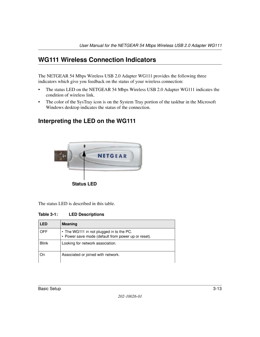 NETGEAR user manual WG111 Wireless Connection Indicators, Interpreting the LED on the WG111, LED Descriptions 