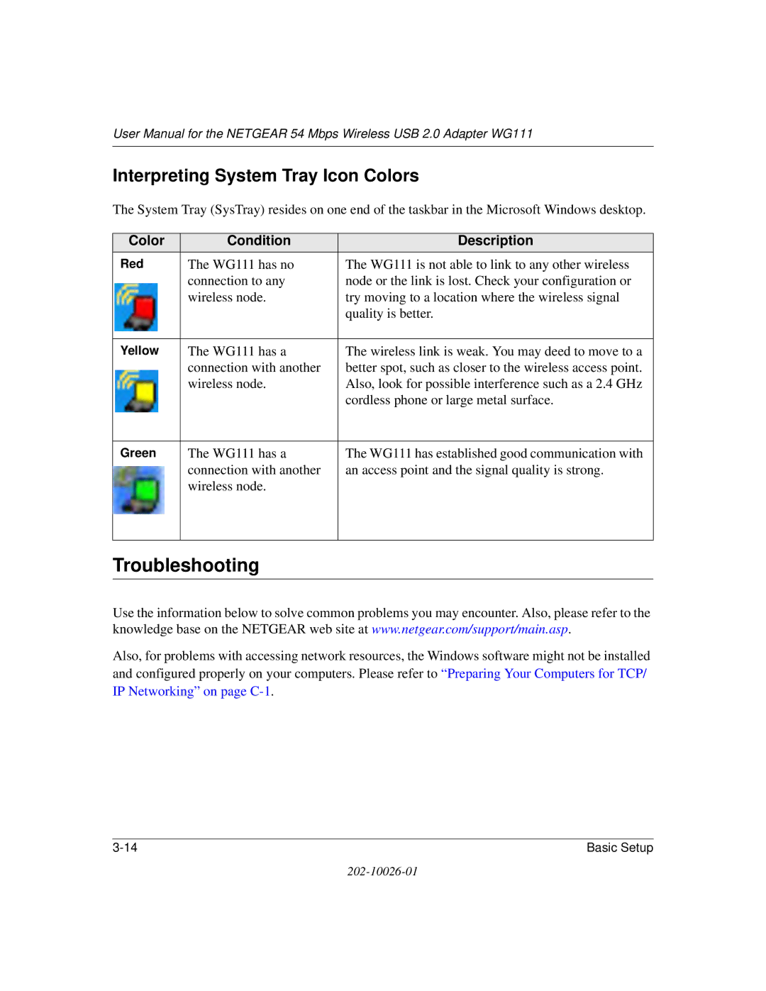 NETGEAR WG111 user manual Troubleshooting, Interpreting System Tray Icon Colors, Red, Yellow, Green 