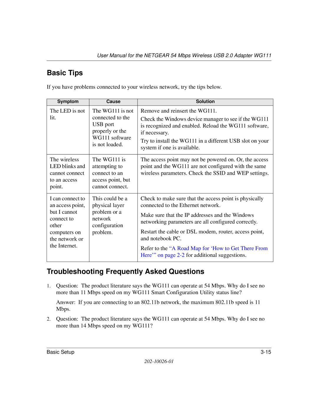 NETGEAR WG111 user manual Basic Tips, Troubleshooting Frequently Asked Questions 