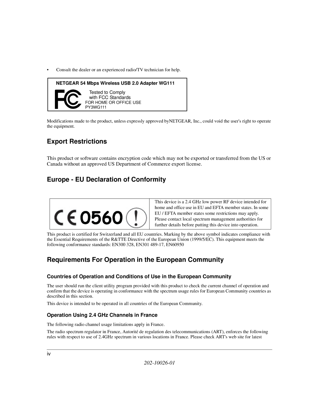 NETGEAR user manual Operation Using 2.4 GHz Channels in France, Netgear 54 Mbps Wireless USB 2.0 Adapter WG111 