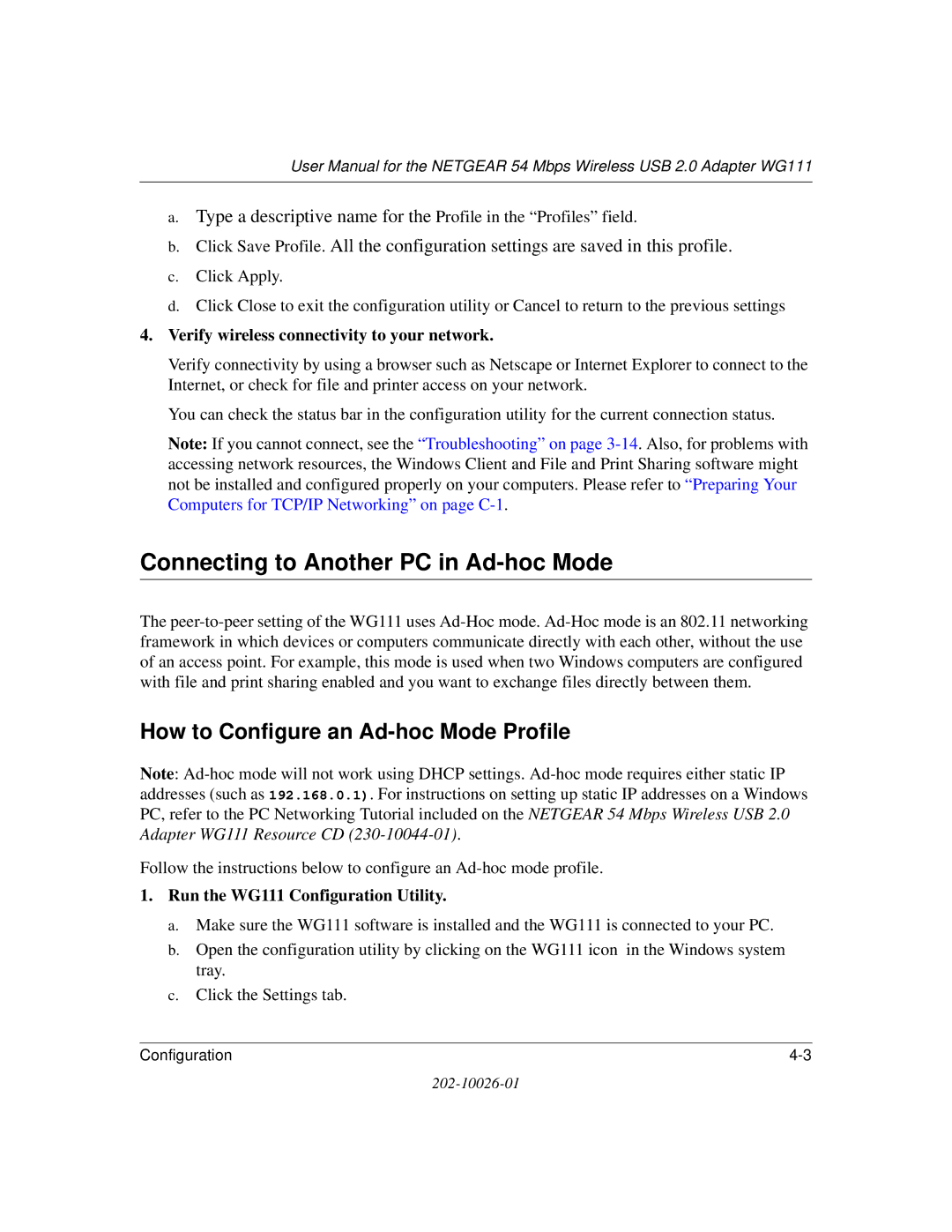 NETGEAR WG111 user manual Connecting to Another PC in Ad-hoc Mode, How to Configure an Ad-hoc Mode Profile 