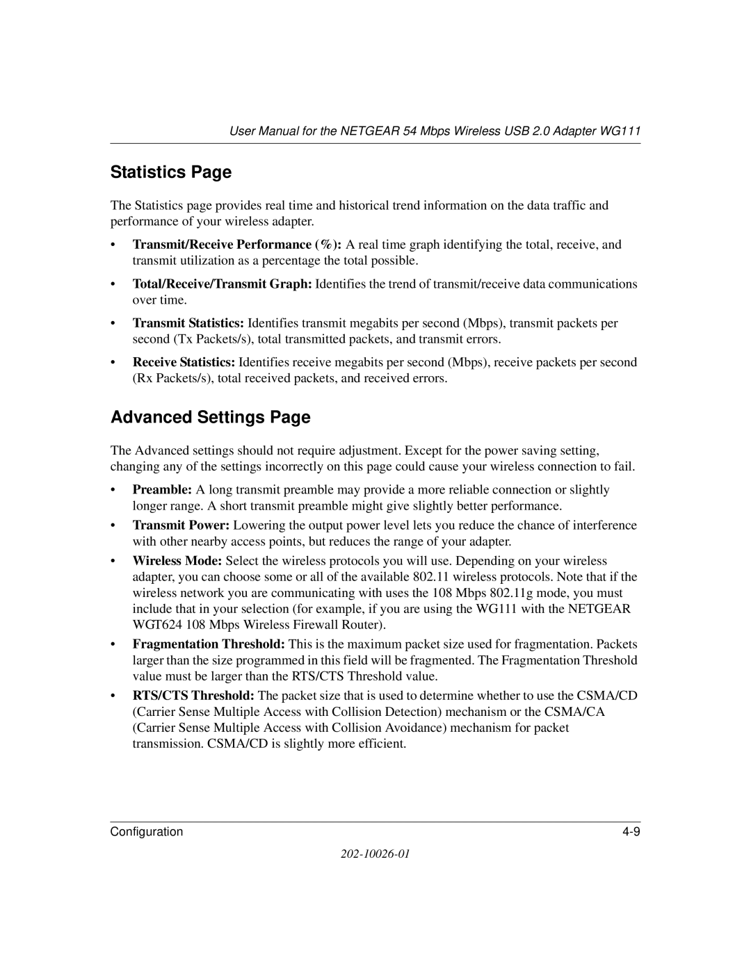 NETGEAR WG111 user manual Statistics, Advanced Settings 