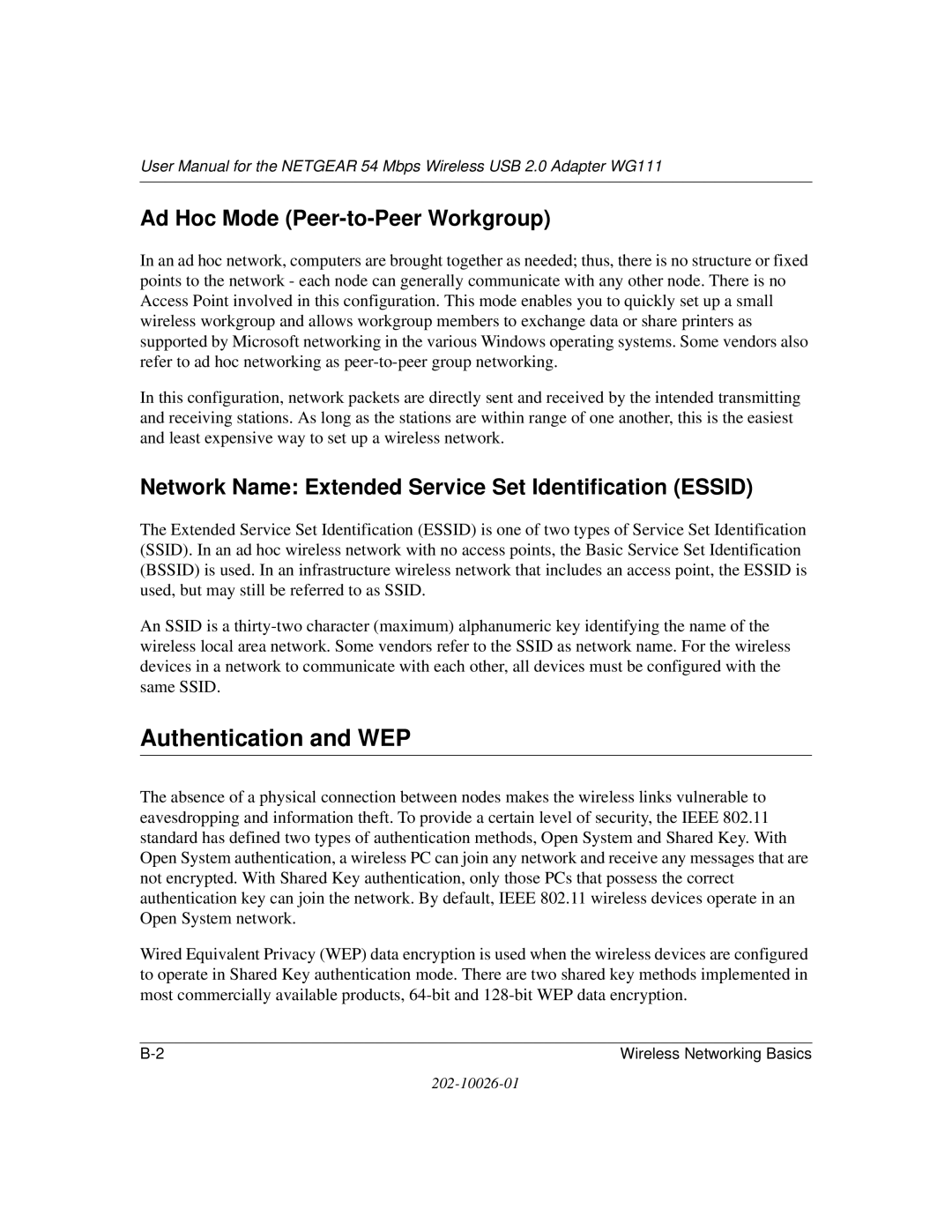 NETGEAR WG111 user manual Authentication and WEP, Ad Hoc Mode Peer-to-Peer Workgroup 