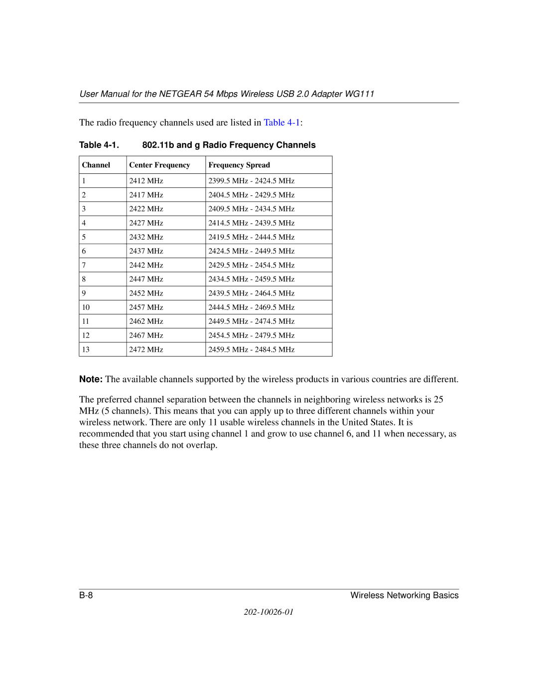 NETGEAR WG111 user manual Radio frequency channels used are listed in Table, 802.11b and g Radio Frequency Channels 