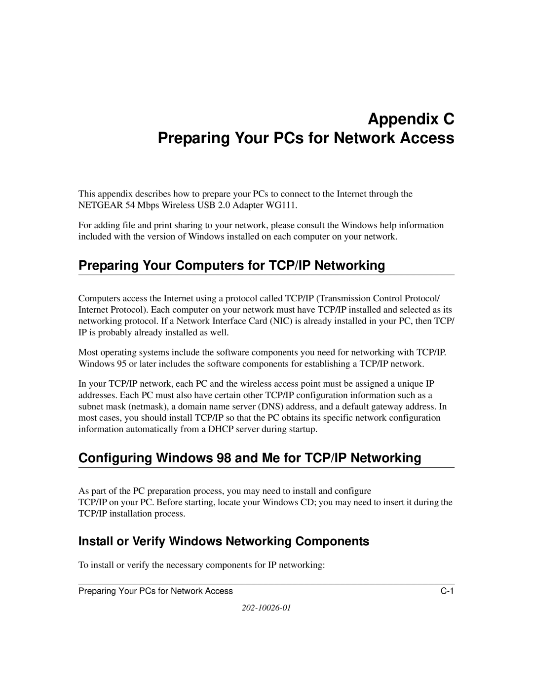 NETGEAR WG111 user manual Appendix C Preparing Your PCs for Network Access, Preparing Your Computers for TCP/IP Networking 