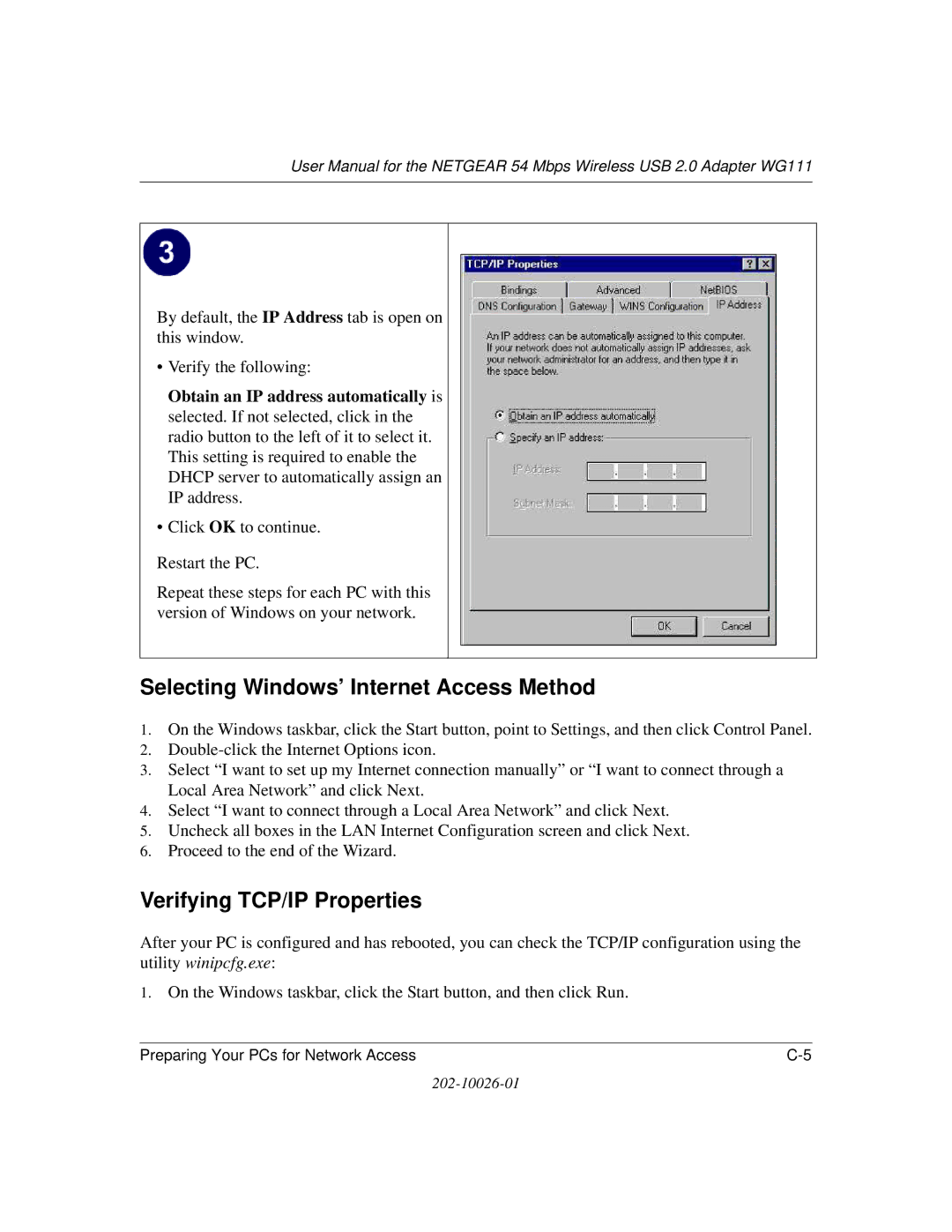 NETGEAR WG111 user manual Selecting Windows’ Internet Access Method, Verifying TCP/IP Properties 