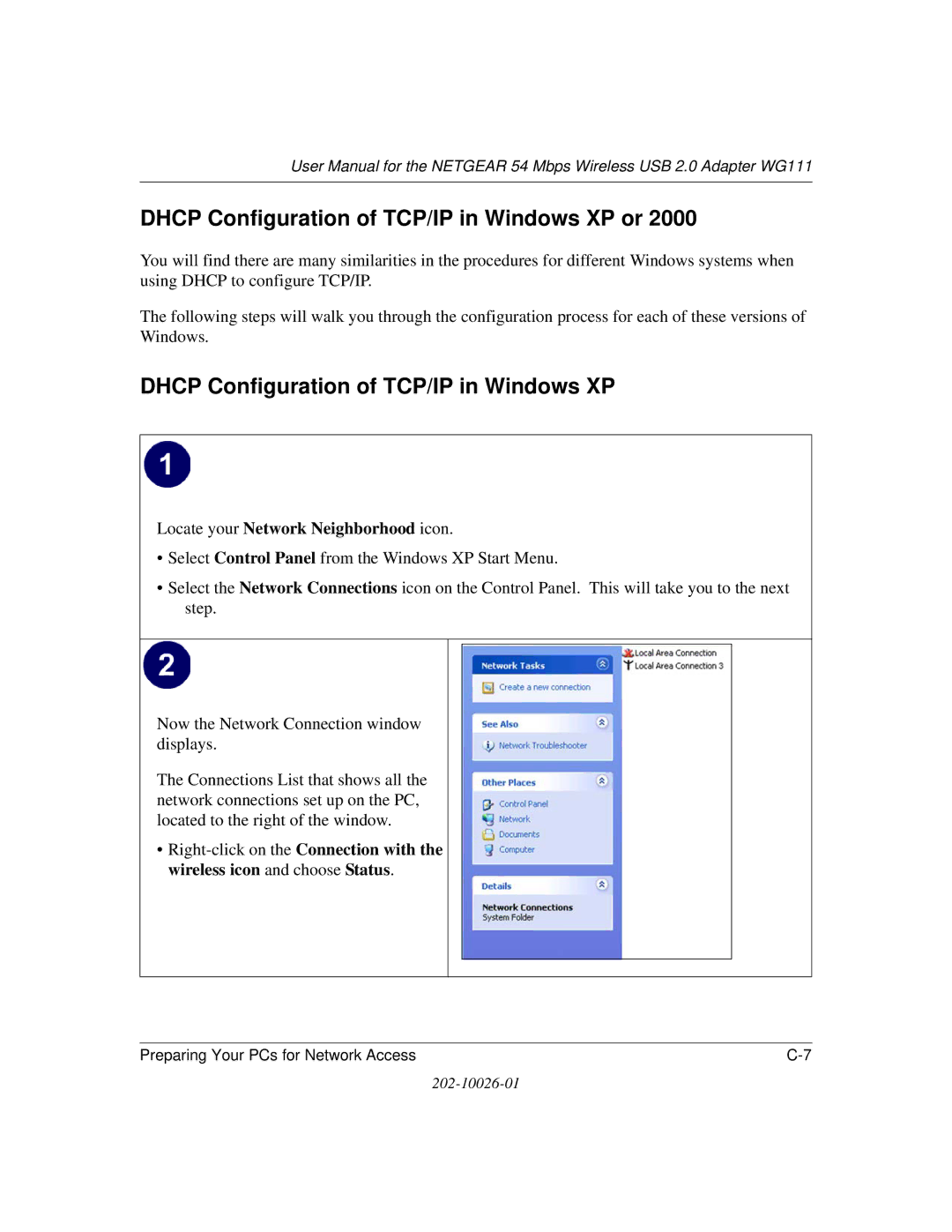 NETGEAR WG111 user manual Dhcp Configuration of TCP/IP in Windows XP or 