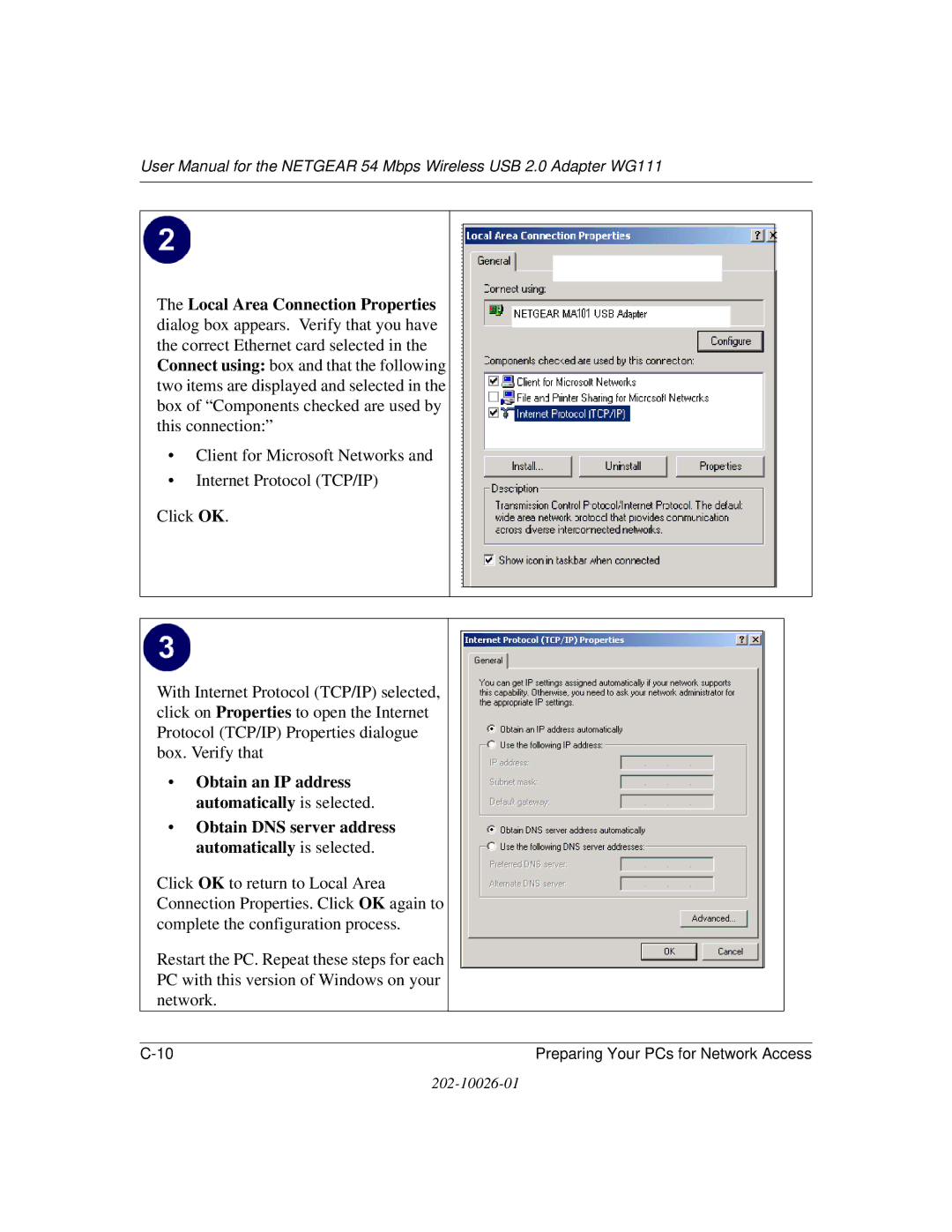 NETGEAR WG111 user manual Obtain an IP address automatically is selected 